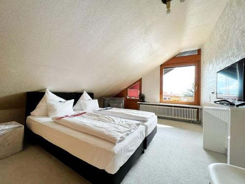 a bedroom with a large bed and a television at Hotel Hellers Twenty Four I -24h-Check-In- in Friedrichshafen
