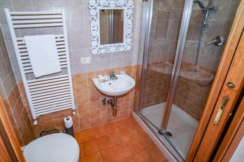 een badkamer met een douche, een toilet en een wastafel bij Maison Quintavalle 20 in Assisi