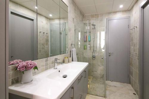 a bathroom with a sink and a shower with a mirror at Spacious & Modern 5 bed in the Center of Rechavia! in Jerusalem