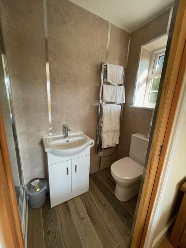 Un baño pequeño con lavabo e inodoro. en The Haystack Lodge, en Tarporley