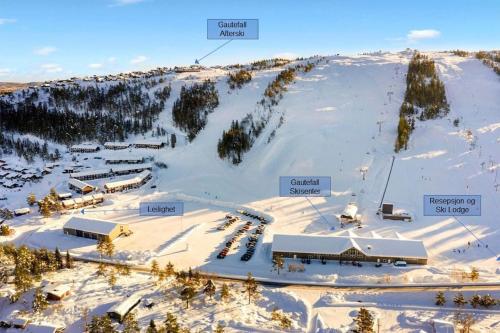 Vista ariale di una stazione sciistica nella neve di Koselig leilighet i hytteområde på Gautefall a Drangedal