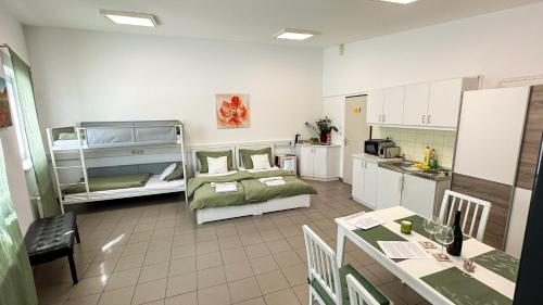 Großes Zimmer mit einem Bett und einer Küche. in der Unterkunft Mali Schachmuseum in Klagenfurt am Wörthersee