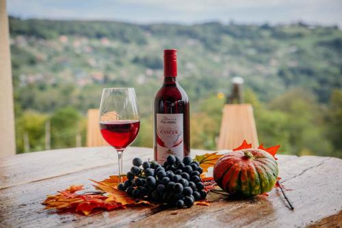 a bottle of wine and a glass on a table at Holiday home in Dvor Kranjska Krain 42901 in Dvor