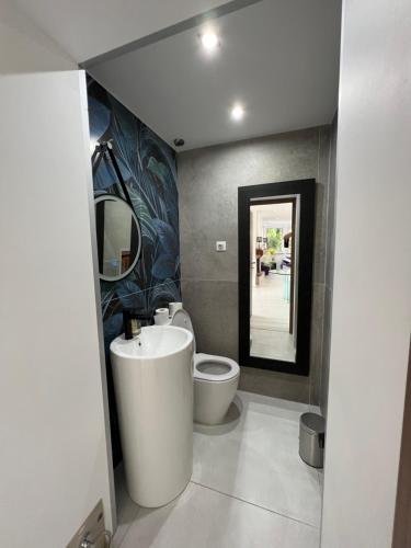 W łazience znajduje się umywalka, toaleta i lustro. w obiekcie Le Manoir de Brénaz w mieście Sault-Brénaz