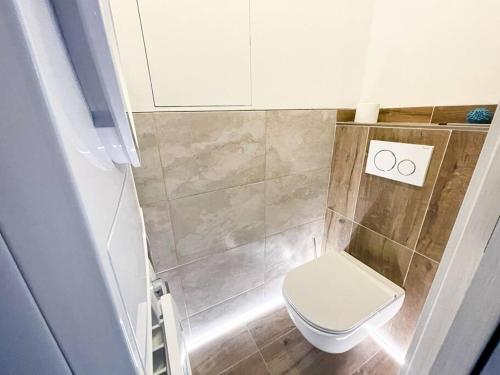 een kleine badkamer met een toilet en twee ringen aan de muur bij Krásný zrekonstruovaný byt 3+1 in Liberec