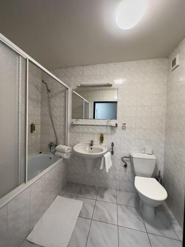 a white bathroom with a toilet and a sink at Hotel Theresia in Kolín