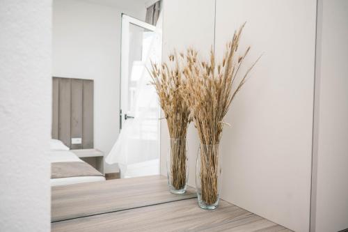 two glass vases filled with dry grass on a table at Guest House Fjolla in Ulcinj