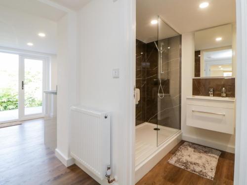 a bathroom with a walk in shower and a sink at Riverview 1 Brunel View in Saltash
