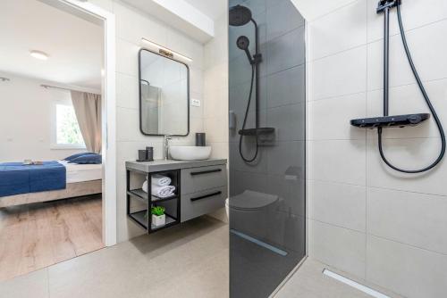 a bathroom with a shower and a sink and a mirror at Villa Molaris in Donje Selo