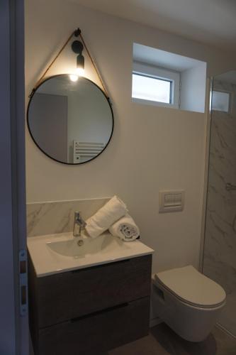 ein Badezimmer mit einem Waschbecken, einem Spiegel und einem WC in der Unterkunft Riva Studio in Saint-Aignan
