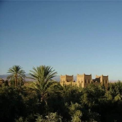 a building in the middle of a desert with palm trees at Kasbah des cyprès in Skoura