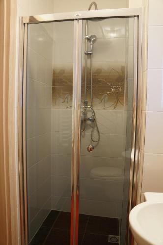 a shower with a glass door in a bathroom at Pokoje gościnne Kasia in Puck