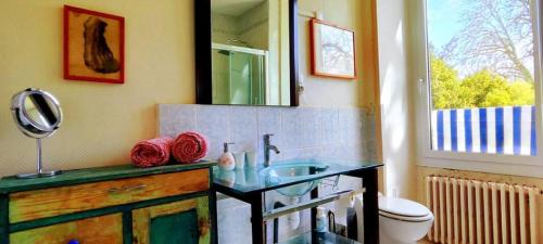 ein Badezimmer mit einem Waschbecken, einem WC und einem Spiegel in der Unterkunft logis Ozanie in Javrezac