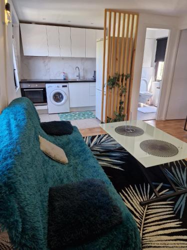 un salon avec un canapé vert et une table dans l'établissement Appartement près de Paris & CDG& parc d'exposition, à Aulnay-sous-Bois