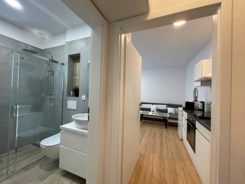een badkamer met een douche, een toilet en een wastafel bij Zrekonstruovaný byt 1kk v centru Liberce in Liberec