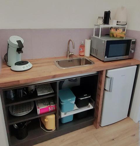 un comptoir de cuisine avec un évier et un micro-ondes dans l'établissement Chambre proche Puy du fou entrée indépendante, Encas du matin Offert, à Bazoges-en-Paillers