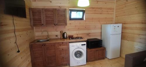 een keuken met een koelkast en een wasmachine bij Tsemi My House in Borjomi