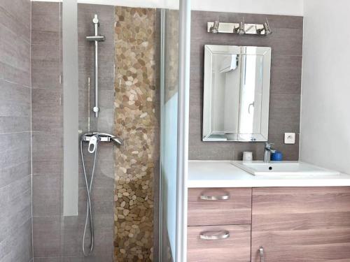 een badkamer met een douche, een wastafel en een spiegel bij Charmante villa avec piscine et jardin paysagé in Le Crès