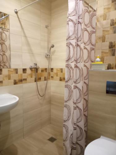 a bathroom with a shower and a sink at AQUILA Pokoje Gościnne in Mielno