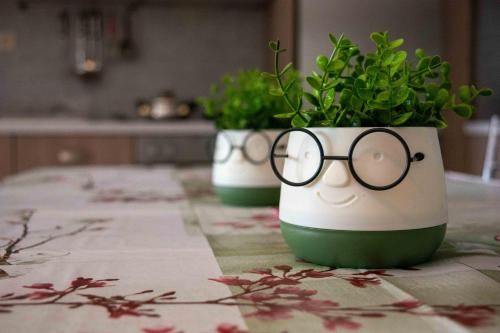 two potted plants with glasses sitting on a table at Efi's Guest House in Agios Dimitrios