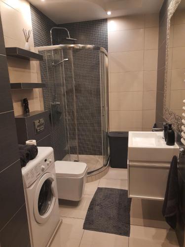 グダニスクにあるApartament Gdańsk Przymorzeのバスルーム(シャワー、洗濯機付)