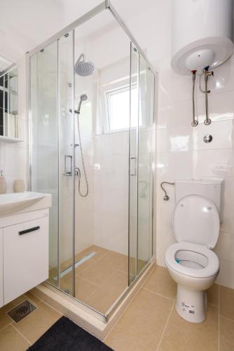 a bathroom with a shower and a toilet and a sink at Peninsula Apartments in Žuljana