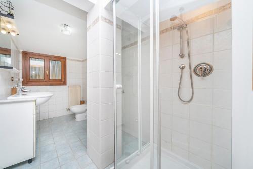 a white bathroom with a shower and a toilet at Penthouse Central apartments vista Monte Priesnig in Tarvisio