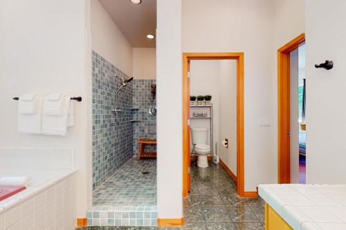 a bathroom with a shower and a tub and a toilet at Silver Lake Splendor in Oak Harbor