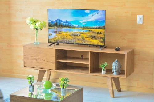 a television on a wooden stand in a living room at Apartamentos cómodos en Milan zona G in Manizales