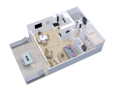 un plan d'étage d'un salon dans l'établissement Le Clos des Mouettes - Face à la mer - Wifi Internet Haut Débit - Terrasse - 2 places de stationnement privatives, à Clohars-Carnoët