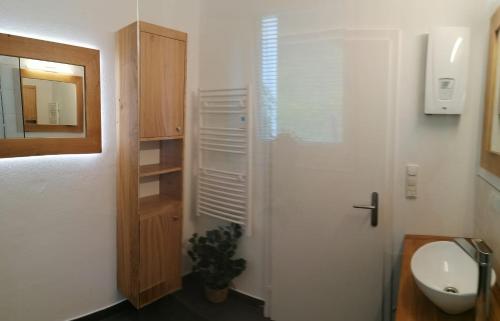 y baño con lavabo, aseo y espejo. en Ferienhaus Tauernblick, en Sankt Veit im Pongau