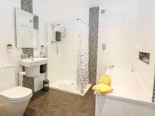 a bathroom with a tub and a toilet and a sink at Kingfisher Lodge in Great Yarmouth