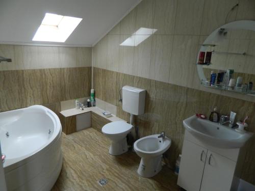 y baño con bañera, aseo y lavamanos. en Villa Blacky en Cluj-Napoca