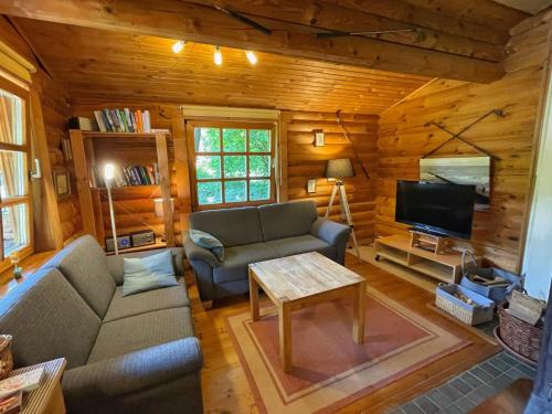 - un salon avec un canapé et une télévision dans une cabine dans l'établissement Chalet Birdieferienhaus by Interhome, à Leisel