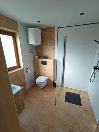 a bathroom with a toilet and a glass shower at Bieszczadzki Bohater Domki 533-502-137 in Polańczyk