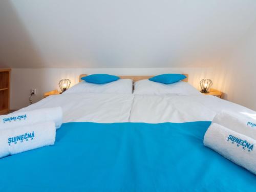 two beds in a room with blue and white sheets at Holiday Home Cilka 1 by Interhome in Stráž nad Nežárkou