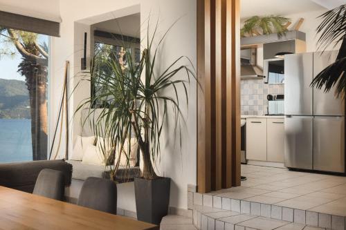 a kitchen and dining room with a table and a plant at Exotic Master-House in a Unique Location! in Lithakia