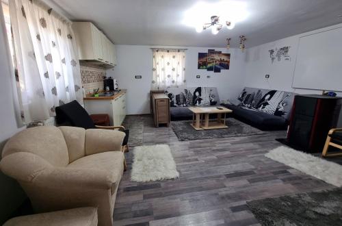 - un salon avec un canapé et une table dans l'établissement Casuta de Vacanta Poiana, à Poiana Teiului