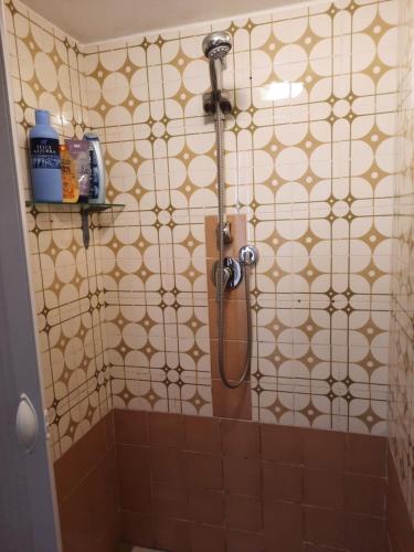 W łazience z wyłożoną kafelkami ścianą znajduje się prysznic. w obiekcie XX SETTEMBRE APPARTAMENTO in CENTRO w mieście Termoli