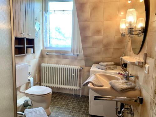 uma casa de banho com um lavatório, um WC e um espelho. em Ferienhaus DHH "Unsere Reetdachbude" em Sankt Peter-Ording