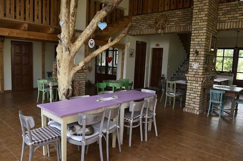 einen lila Tisch und Stühle in einem Zimmer mit einem Baum in der Unterkunft Villa Filia in Okoc - Velky Sek