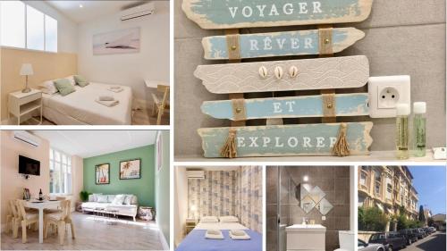 un collage de fotos de una habitación con cama y una habitación con en Beach Hut * Green oasis with private patio 10 min to Palais & beaches * Pet Friendly, en Cannes