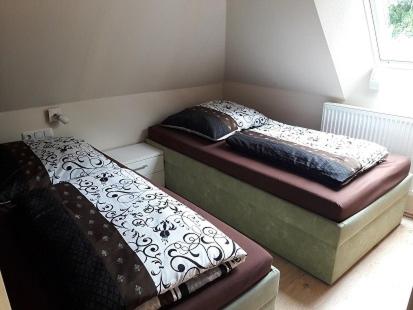 - 2 lits jumeaux dans une chambre avec fenêtre dans l'établissement Ferienwohnung Bänsch, à Weischlitz