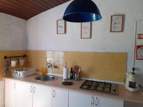 una cocina con fregadero y una luz azul colgante en Casa da Vinha, en Castelo Novo