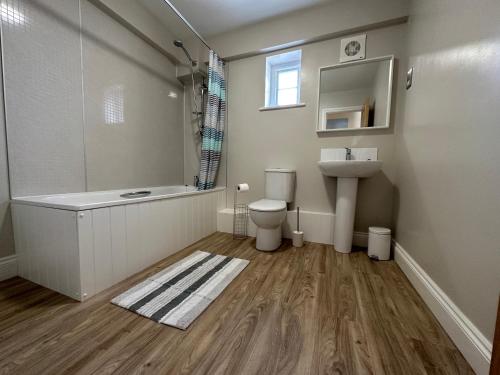 Barchester House Apartments Delux في ساليزبري: حمام مع حوض ومرحاض ومغسلة