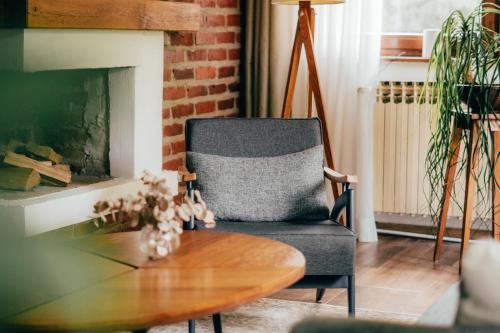 a living room with a chair and a table at Rudine 41 - Off-Grid Riverside Home in Rokovci