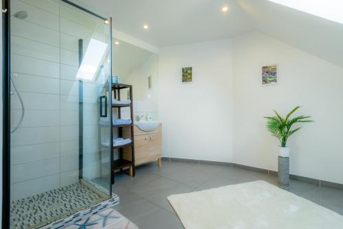 een badkamer met een douche en een wastafel bij Jaukus svečių namelis in Druskininkai