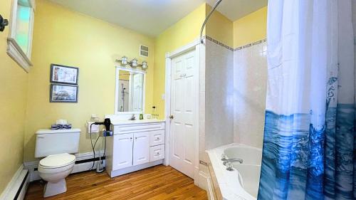y baño con aseo, lavabo y ducha. en BNB Maison Drew, en Magog-Orford