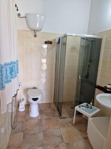 a bathroom with a shower and a toilet and a sink at Agriturismo Su Recreu in Ittiri