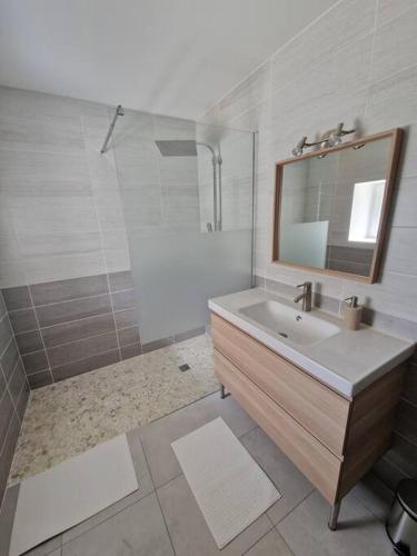 une salle de bain avec un lavabo, une douche et un miroir dans l'établissement chez Robert, à Bromont-Lamothe